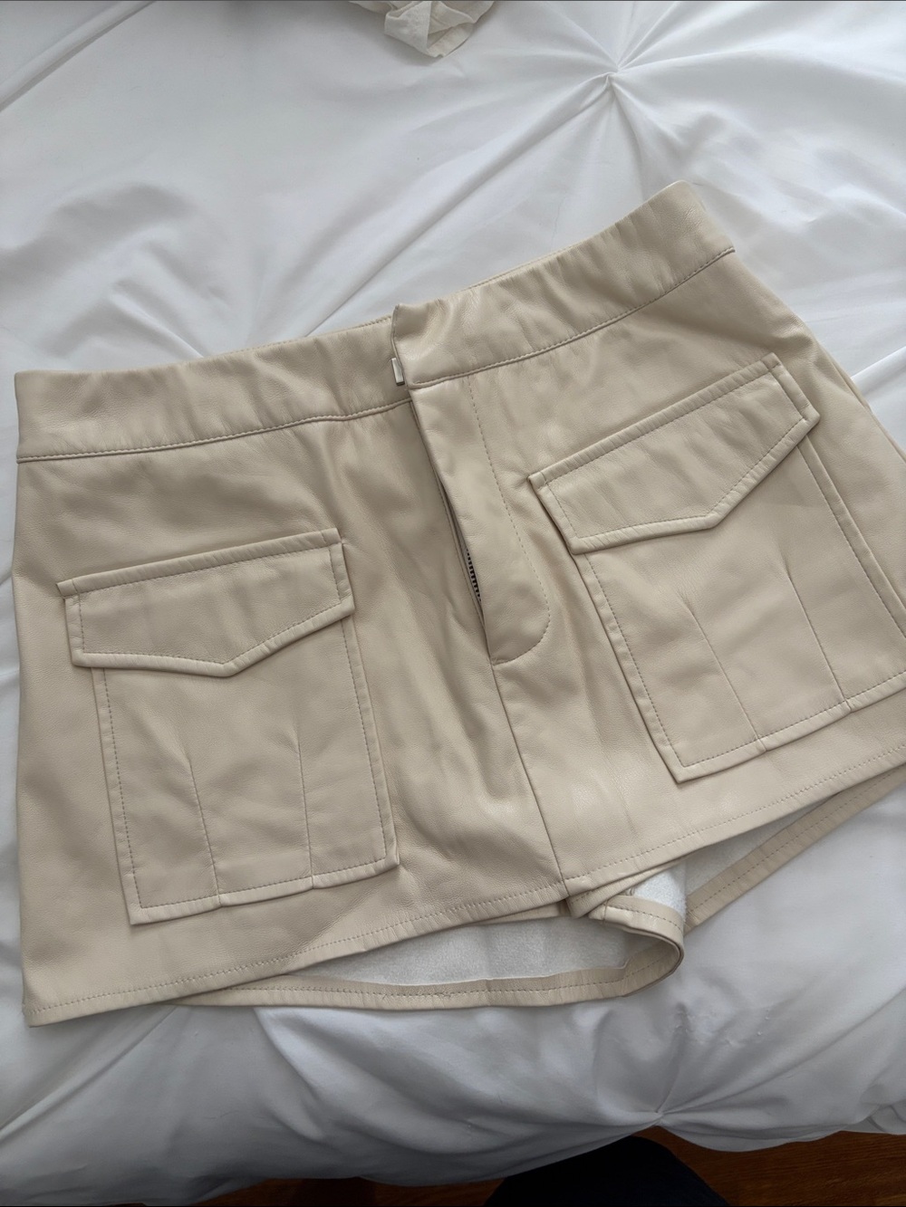 Beige Faux-Leather Pocket Skort